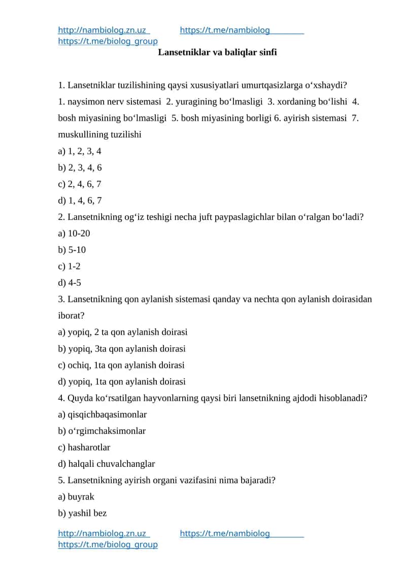 Lansetniklar va baliqlar sinfi