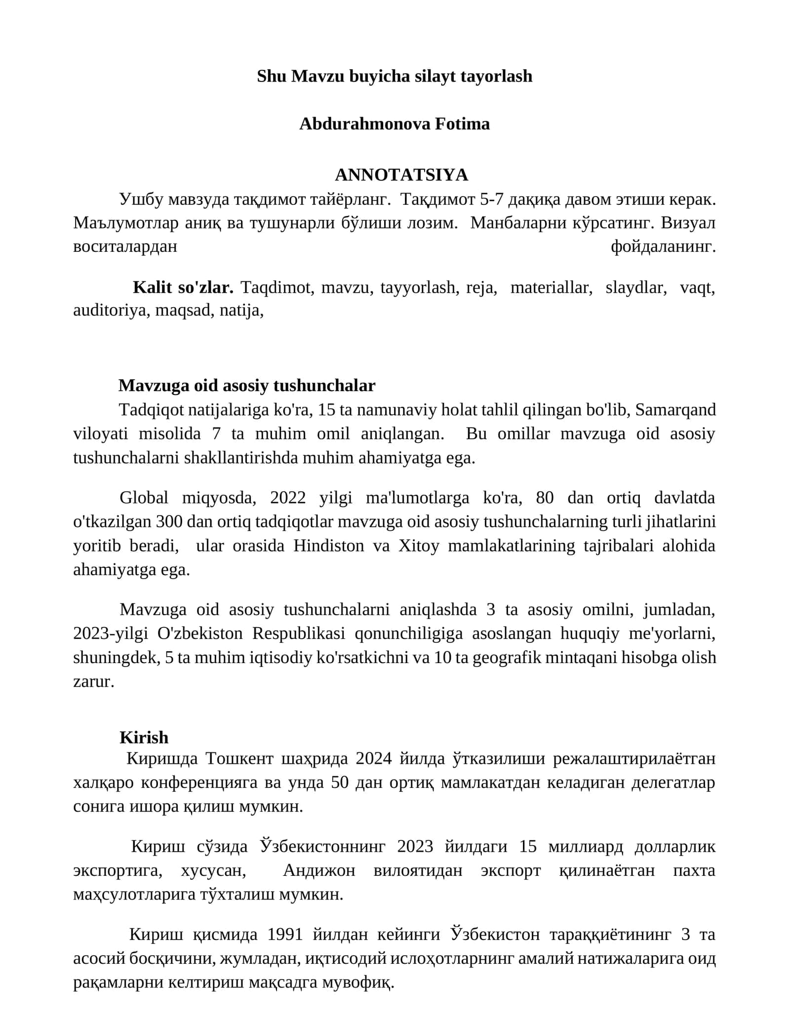 Shu Mavzu buyicha silayt tayorlash