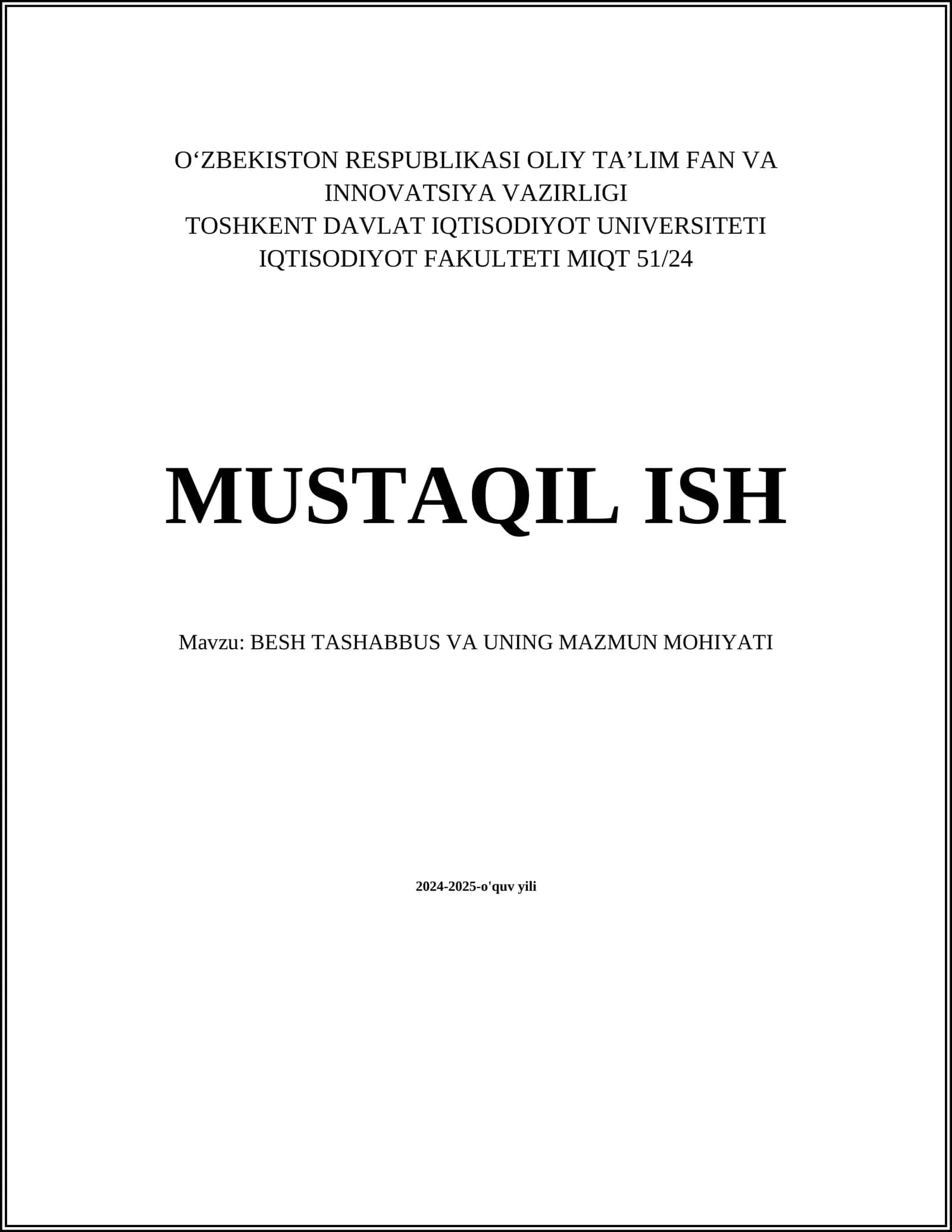 Besh Tashabbus va uning mazmun mohiyati