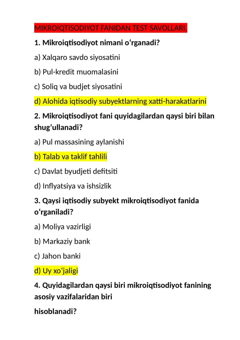 Mikroiqtisodiyot Fanidan Test Savollari