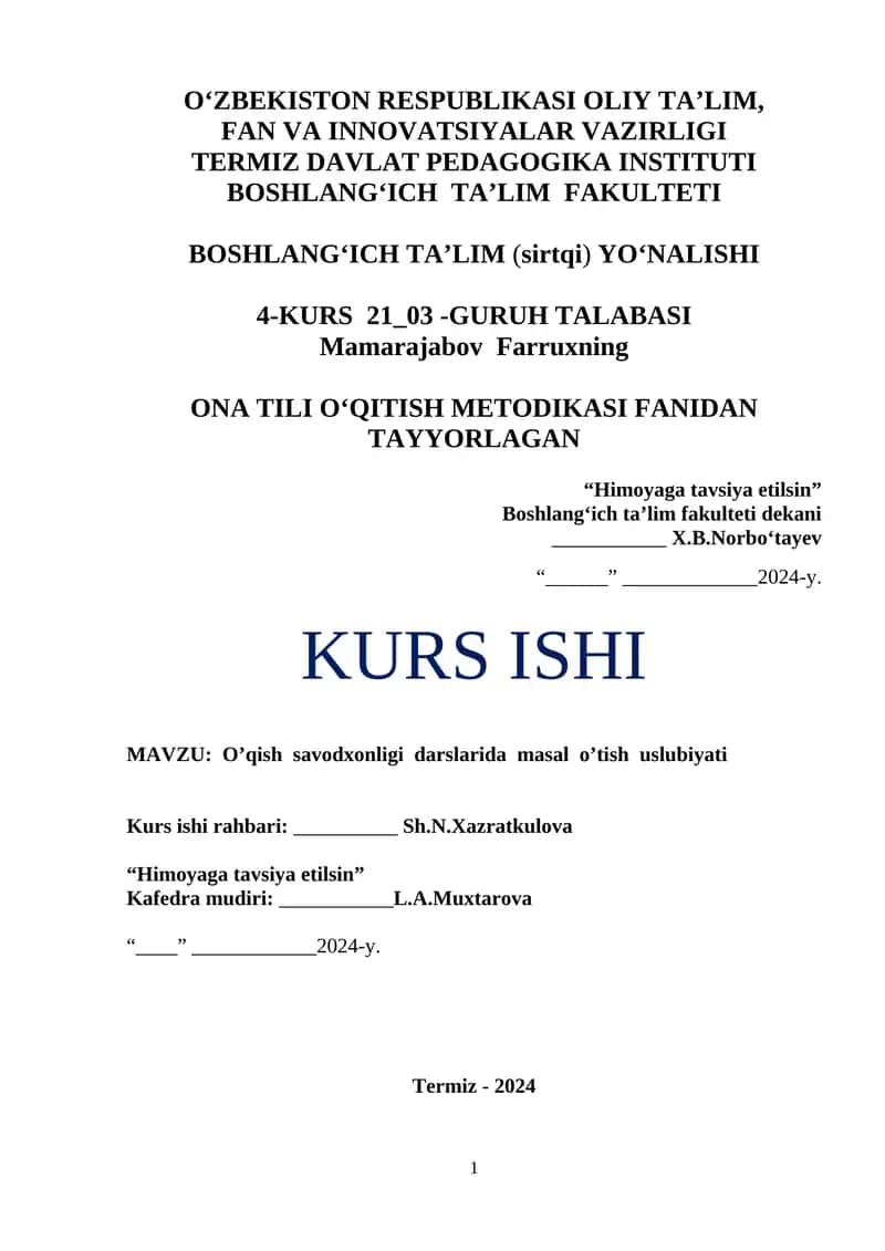 O’qish savodxonligi darslarida masal o’tish uslubiyati
