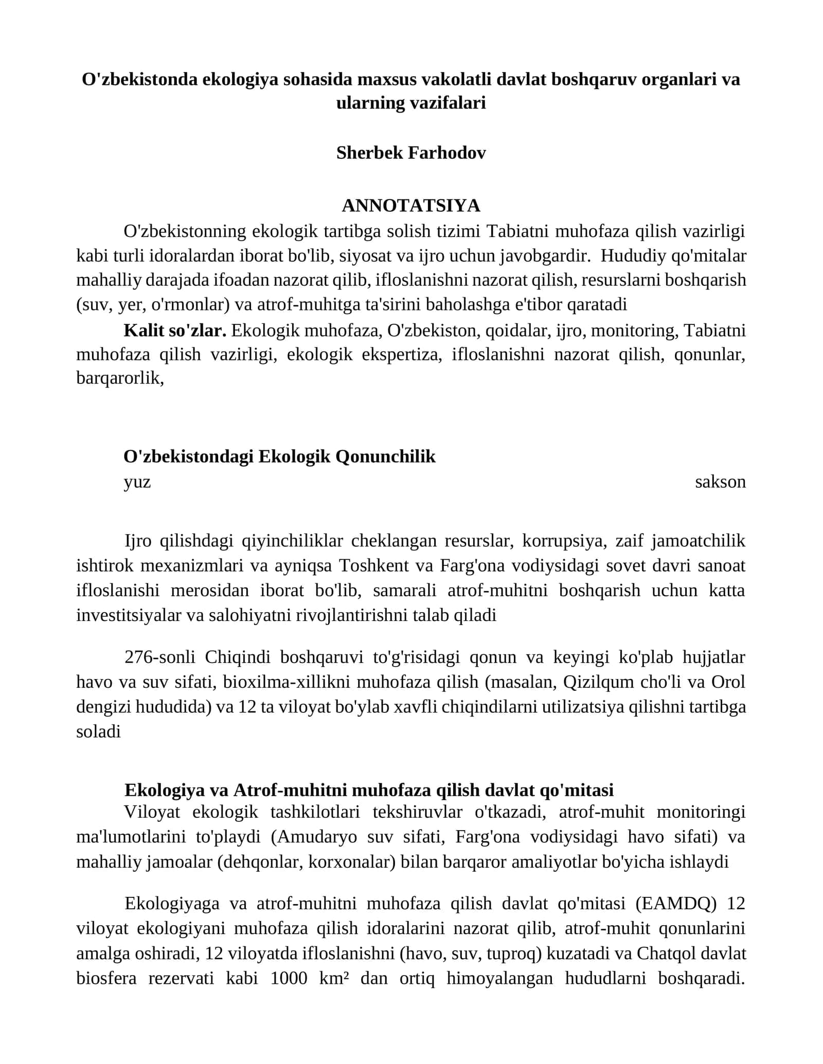 O'zbekistondagi Ekologik Qonunchilik
