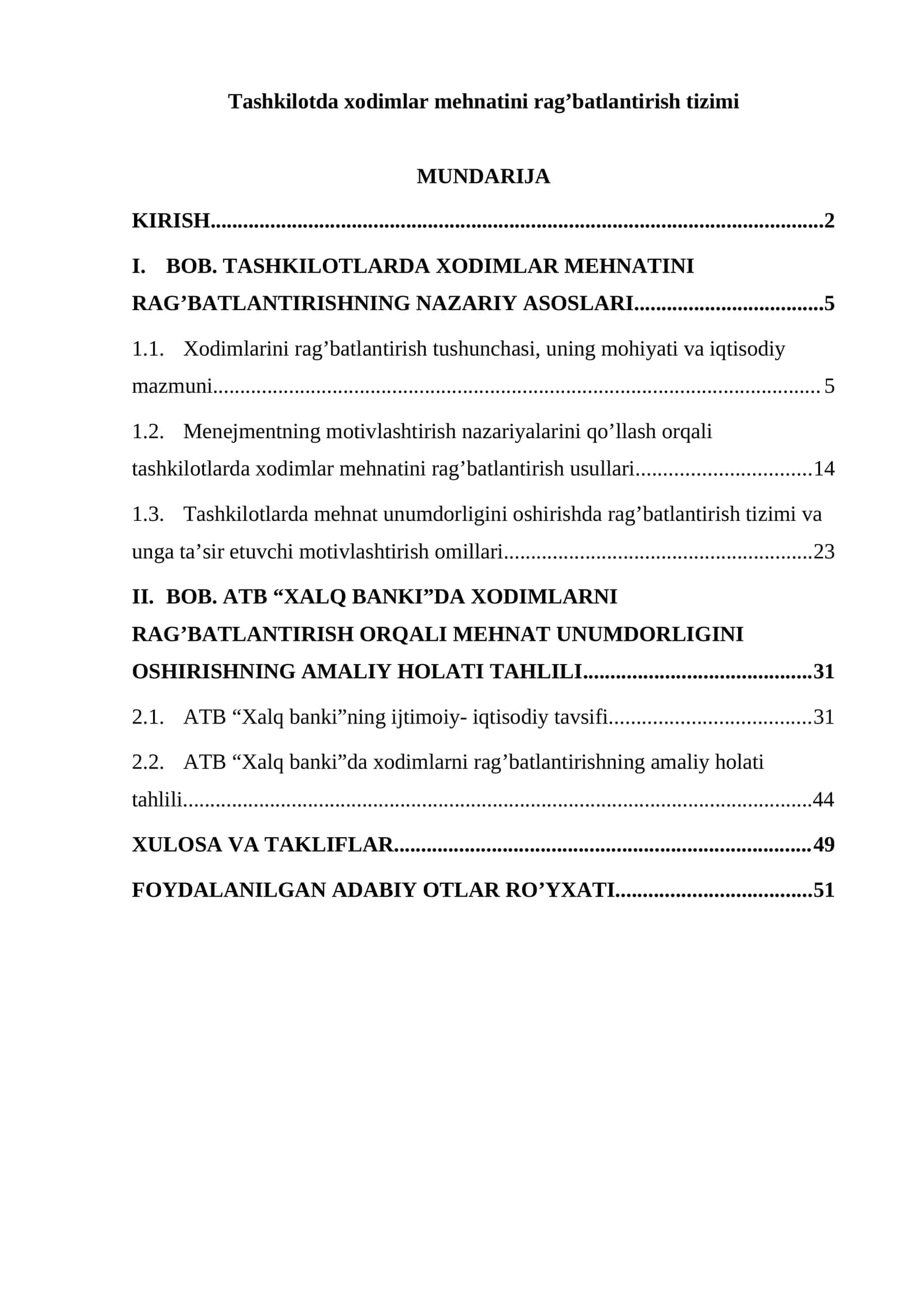 Tashkilotda xodimlar mehnatini rag’batlantirish tizimi