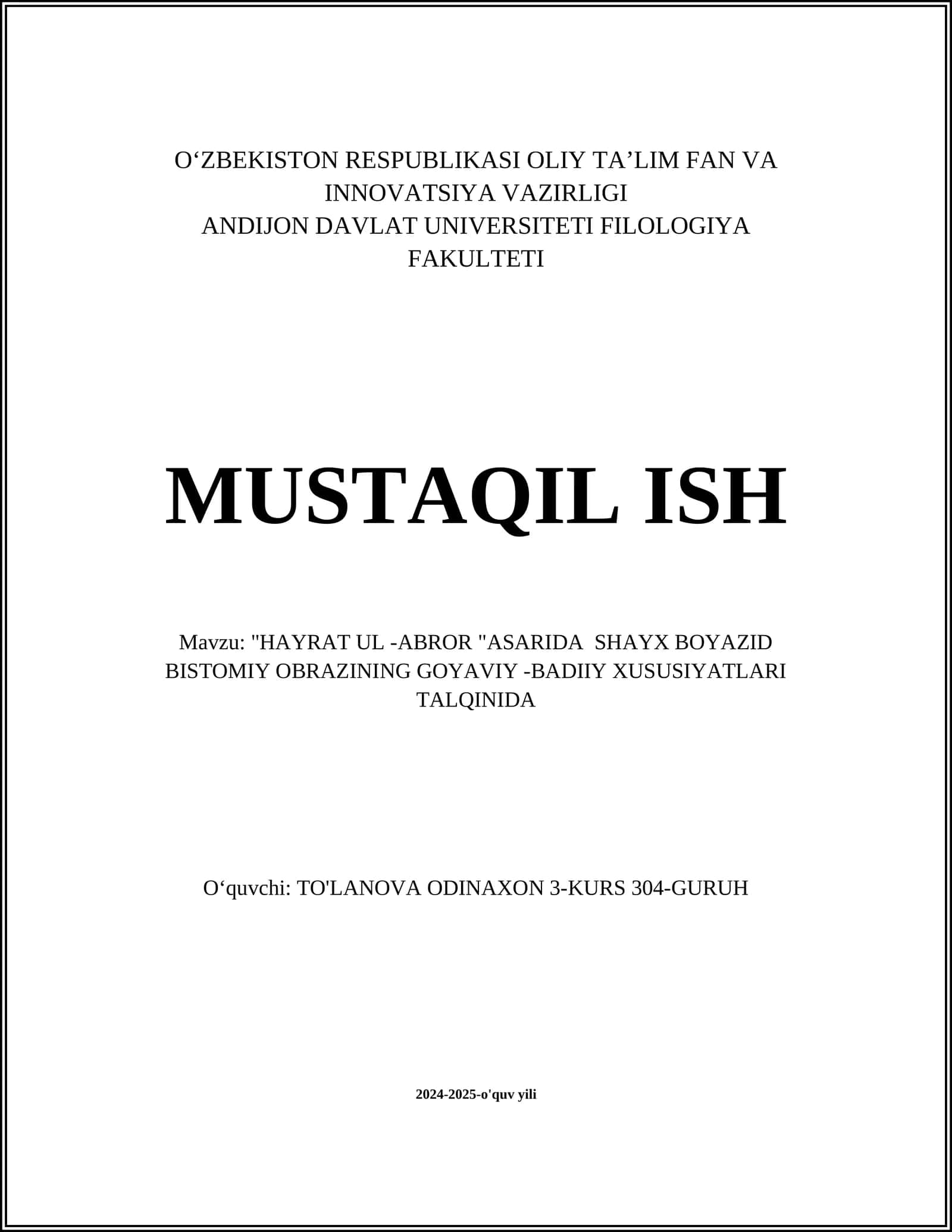 "HAYRAT UL -ABROR "ASARIDA SHAYX BOYAZID BISTOMIY OBRAZINING GOYAVIY -BADIIY XUSUSIYATLARI TALQINIDA
