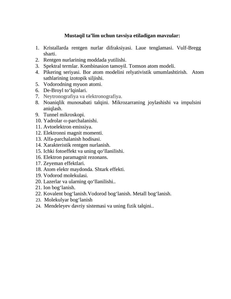 Mustaqil ta’lim uchun tavsiya etiladigan mavzular