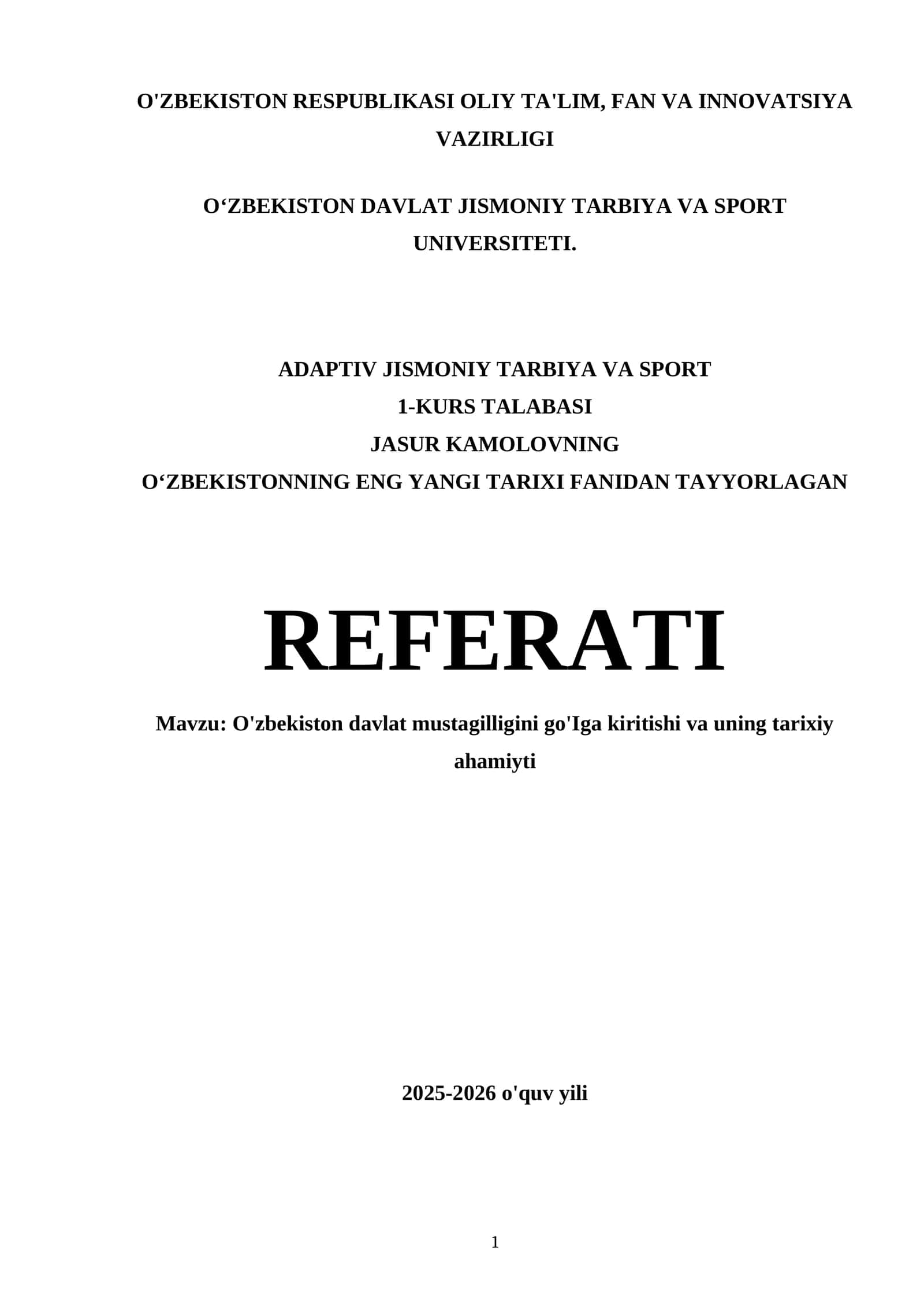O'zbekistonning eng yangi tarixi fanidan tayyorlagan referati