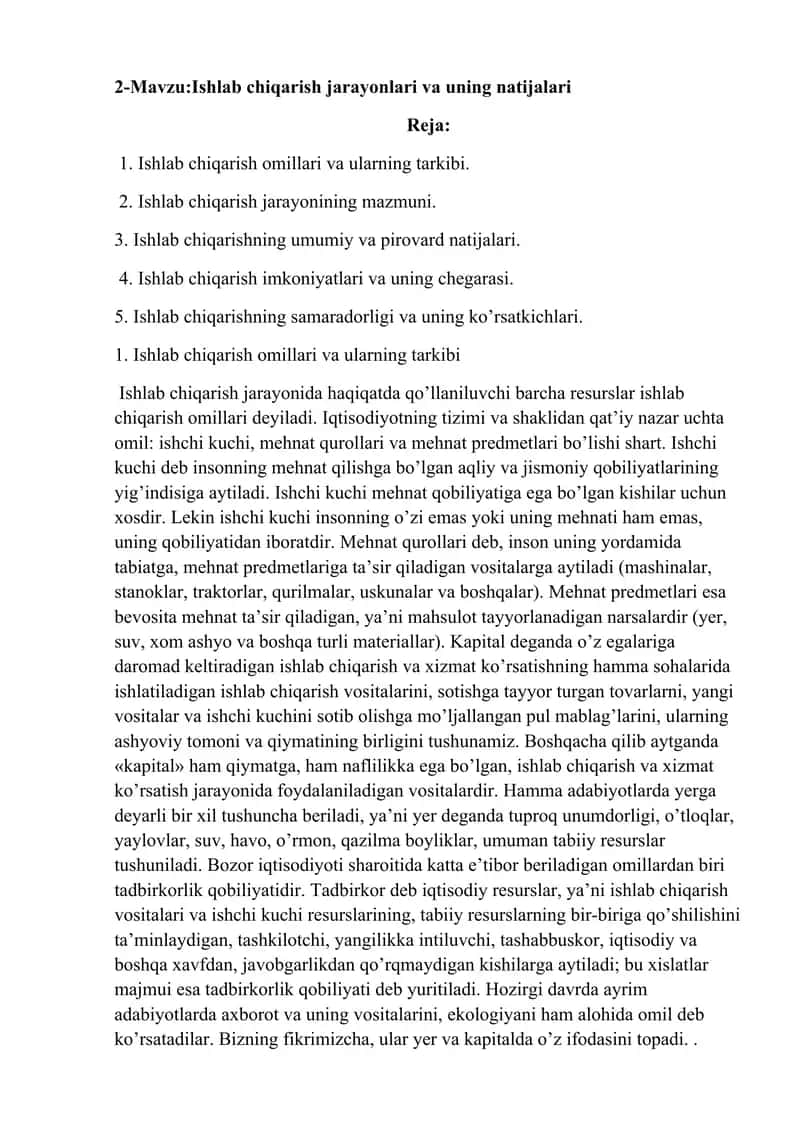 Ishlab chiqarish jarayonlari va uning natijalari