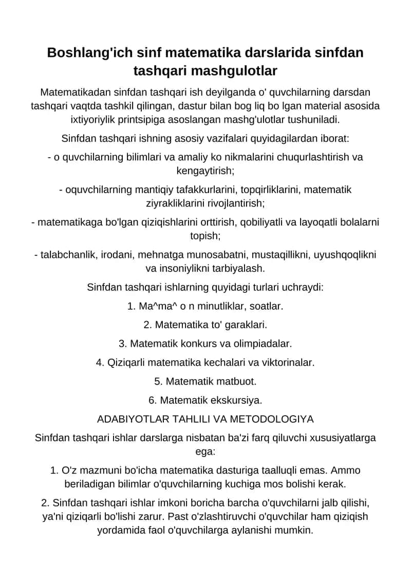 Sinfdan tashqari matematika mashg'ulotlari