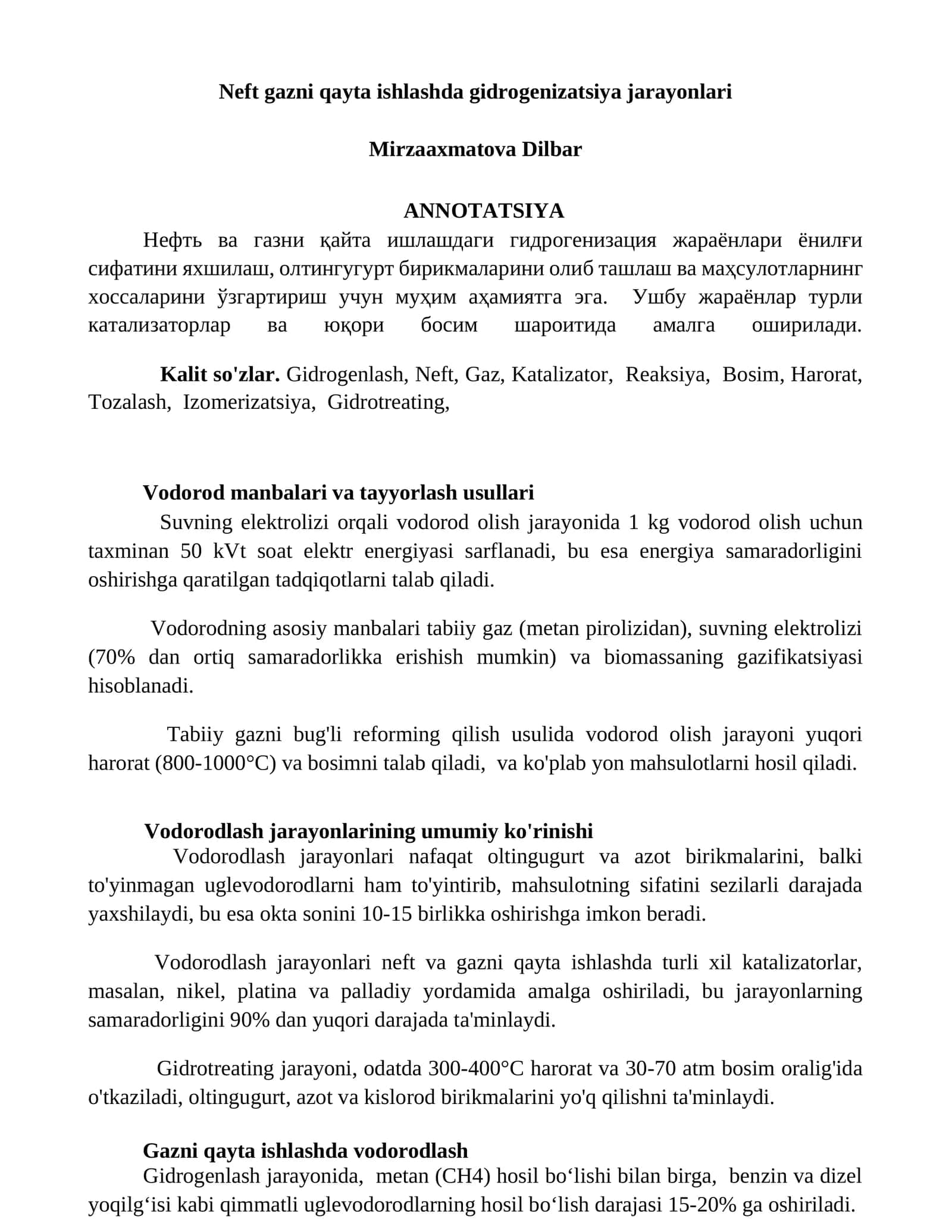 Neft gazni qayta ishlashda gidrogenizatsiya jarayonlari