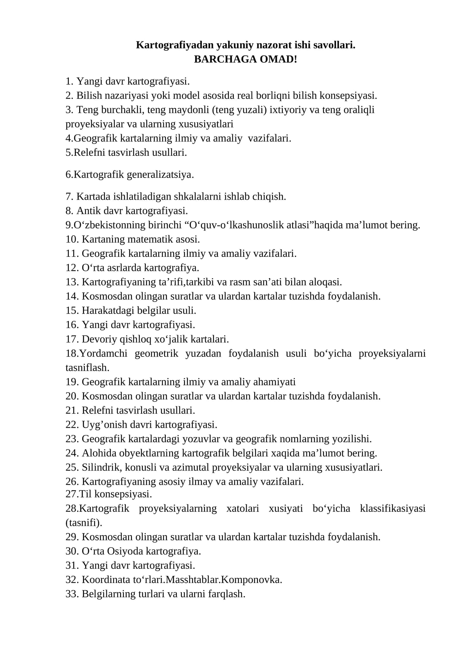 Kartografiyadan yakuniy nazorat ishi savollari