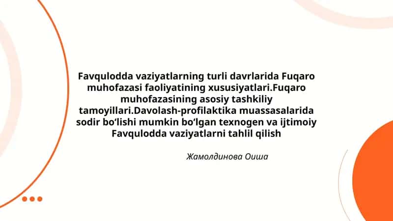 Favqulodda vaziyatlarning turli davrlarida Fuqaro muhofazasi faoliyatining xususiyatlari.Fuqaro muhofazasining asosiy tashkiliy tamoyillari.Davolash-profilaktika muassasalarida sodir boʻlishi mumkin boʻlgan texnogen va ijtimoiy Favqulodda vaziyatlarni tahlil qilish