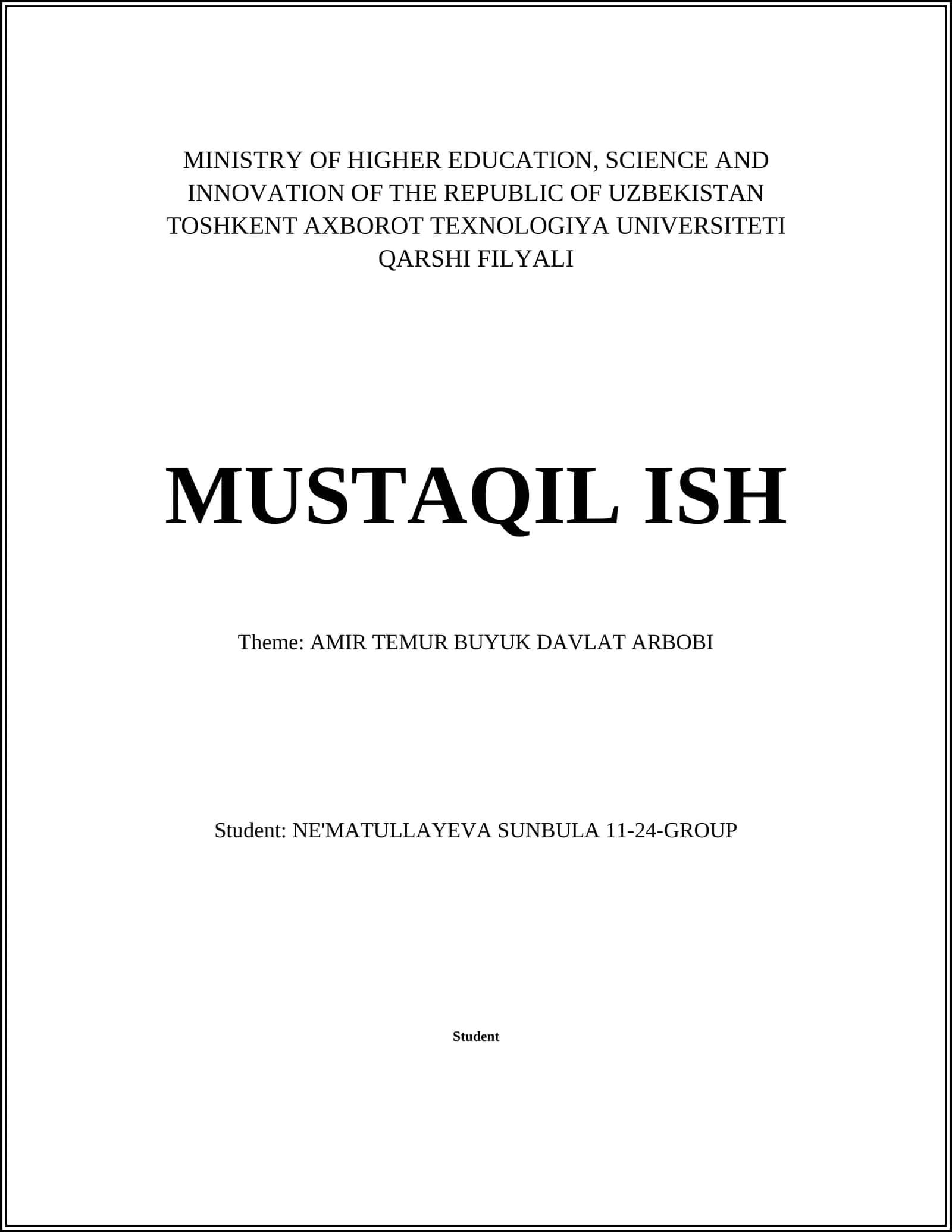 AMIR TEMUR BUYUK DAVLAT ARBOBI