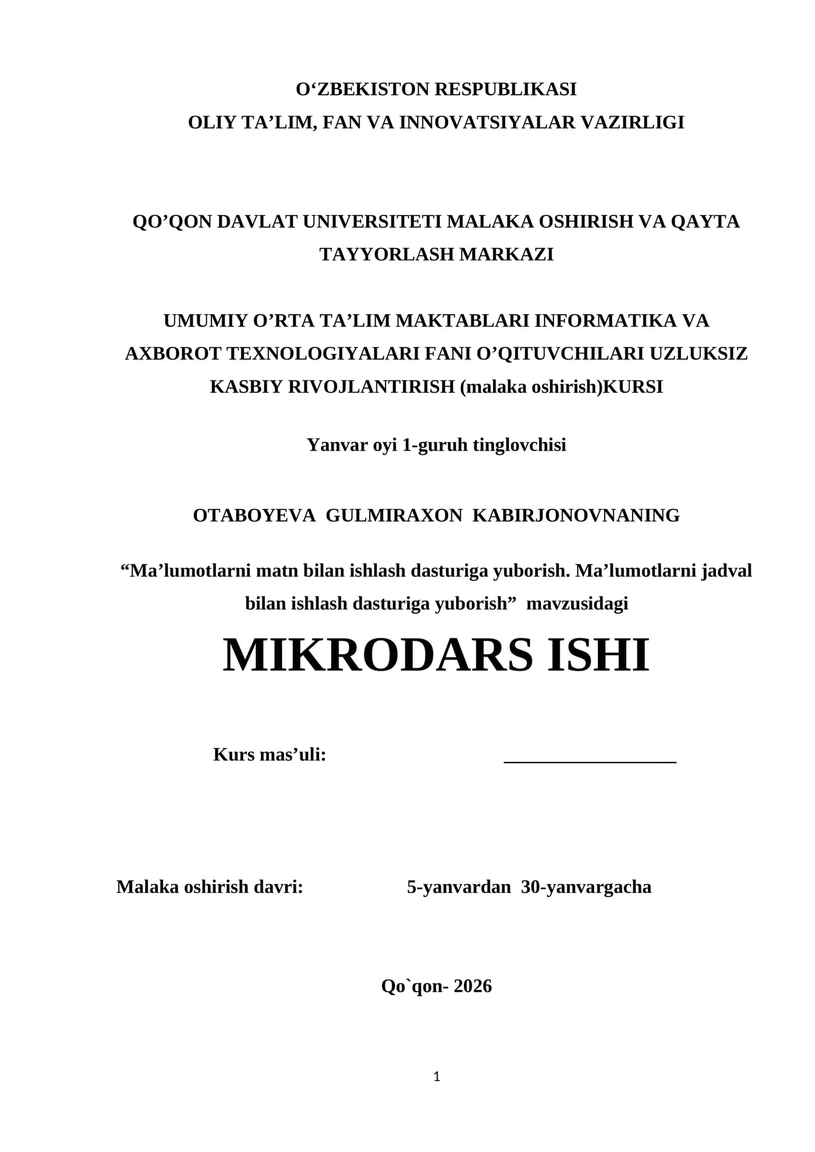Ma’lumotlarni matn bilan ishlash dasturiga yuborish. Ma’lumotlarni jadval bilan ishlash dasturiga yuborish