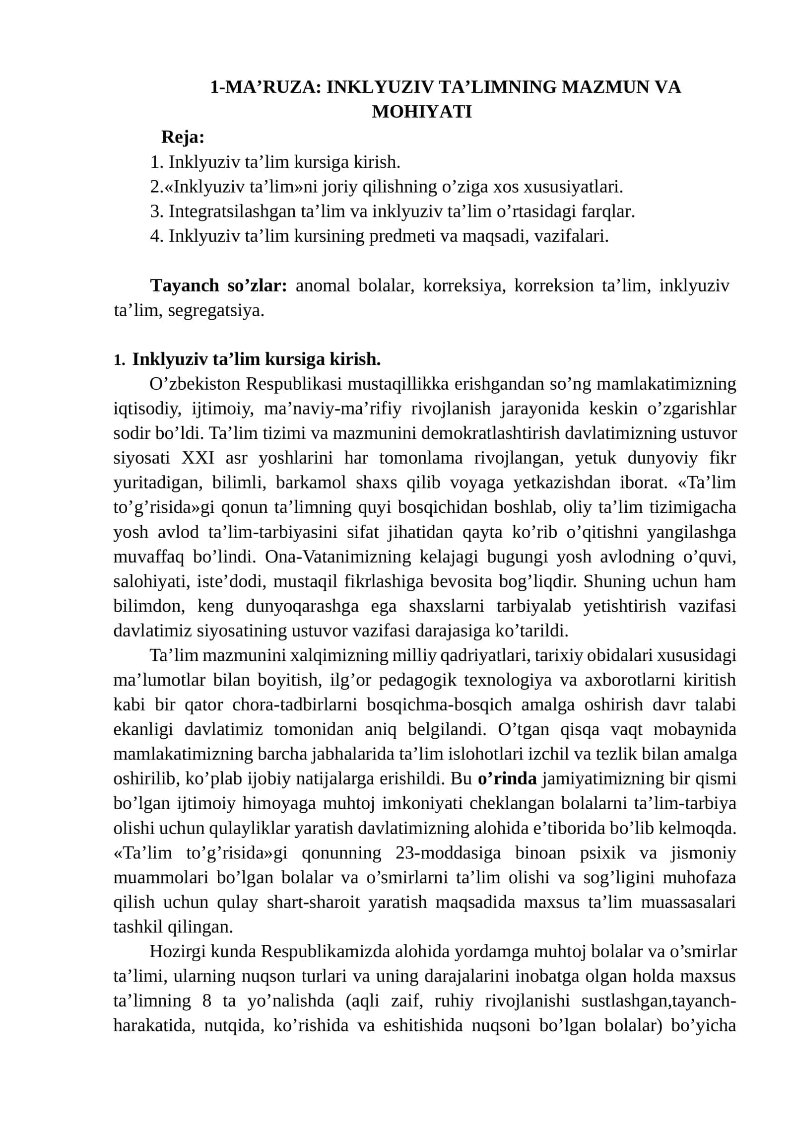 INKLYUZIV TA’LIMNING MAZMUN VA MOHIYATI