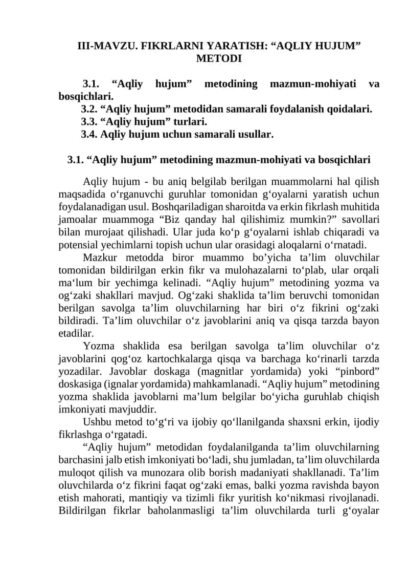 FIKRLARNI YARATISH: “AQLIY HUJUM” METODI