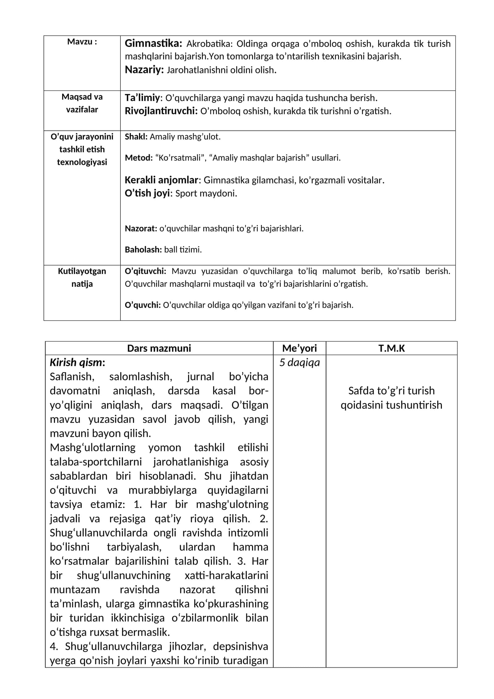 Gimnastika: Akrobatika: Oldinga orqaga o’mboloq oshish, kurakda tik turish mashqlarini bajarish. Yon tomonlarga to’ntarilish texnikasini bajarish