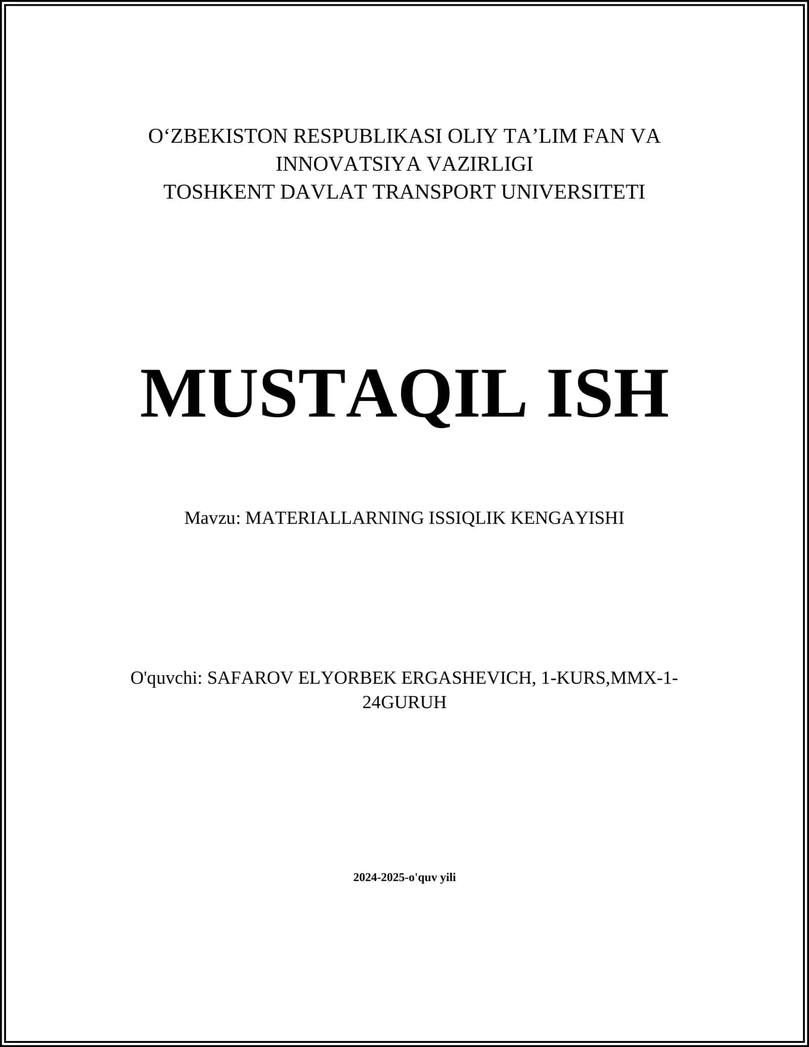 MATERIALLARNING ISSIQLIK KENGAYISHI