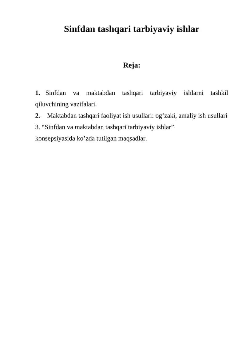 Sinfdan tashqari tarbiyaviy ishlar