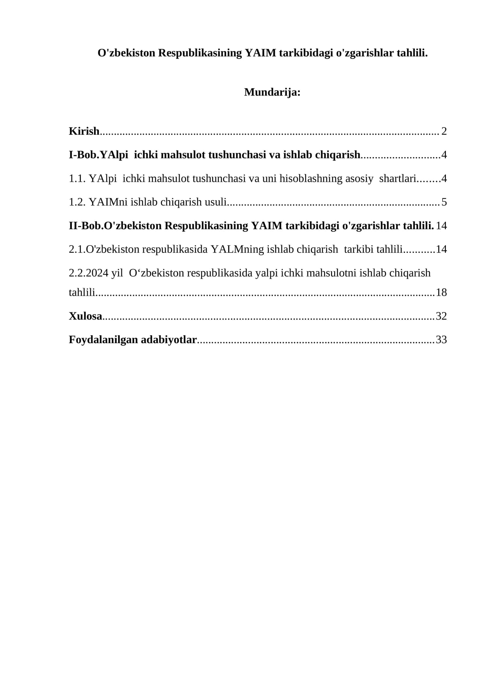 O'zbekiston Respublikasining YAIM tarkibidagi o'zgarishlar tahlili