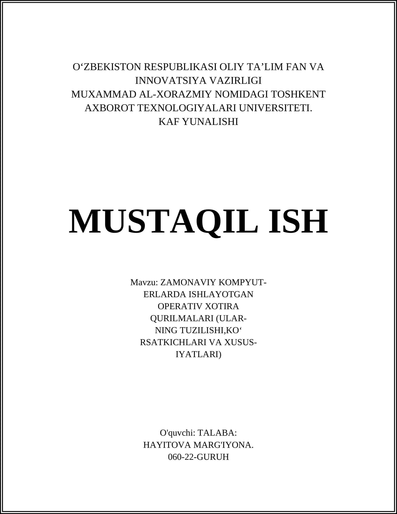 ZAMONAVIY KOMPYUT- ERlarda ISHLAYOTGAN OPERATIV XOTIRA QURILMALARI (ULARNING TUZILISHI, KO‘RSATKICHLARI VA XUSUSIYATLARI)