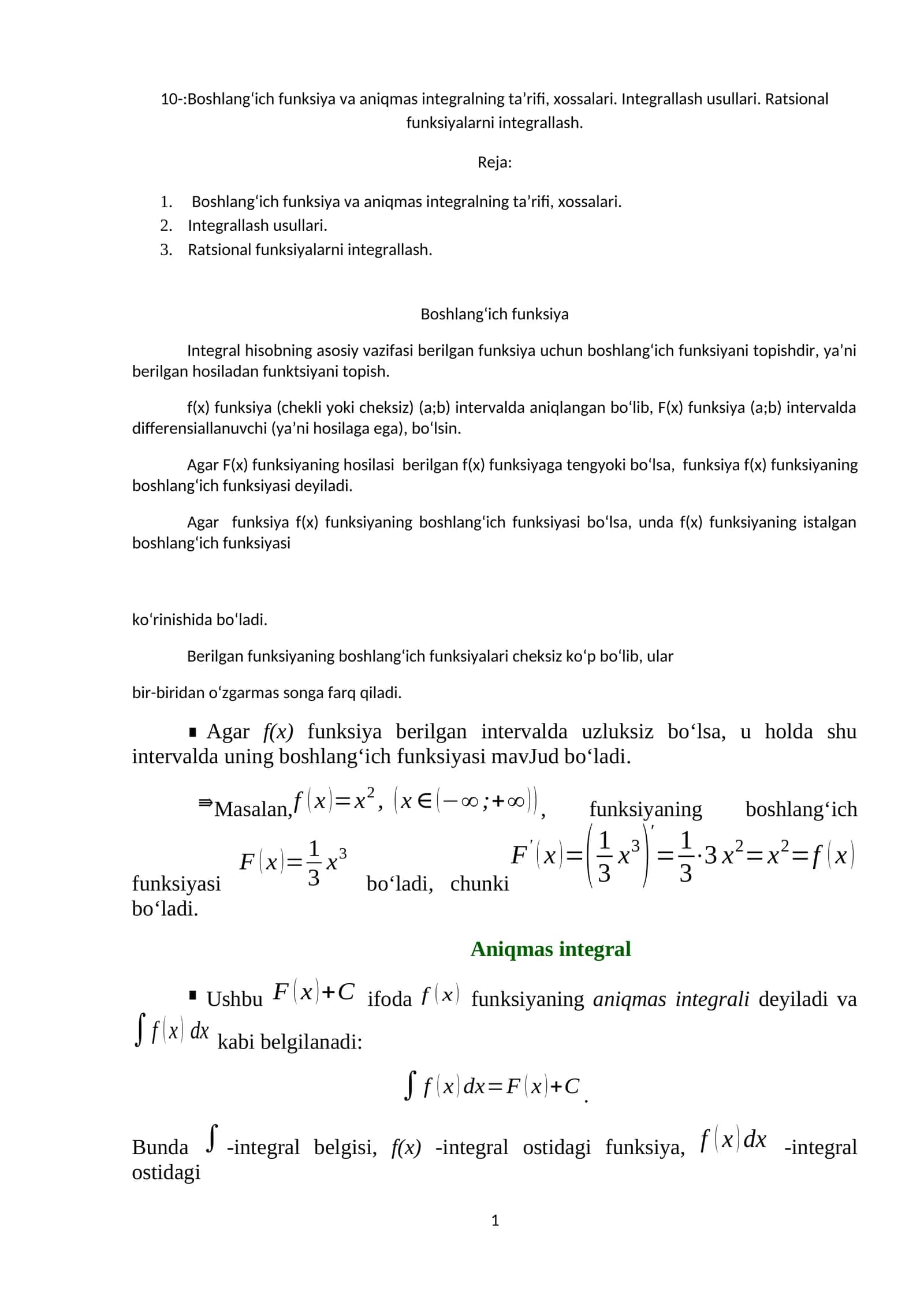 Boshlangʻich funksiya va aniqmas integralning ta’rifi, xossalari