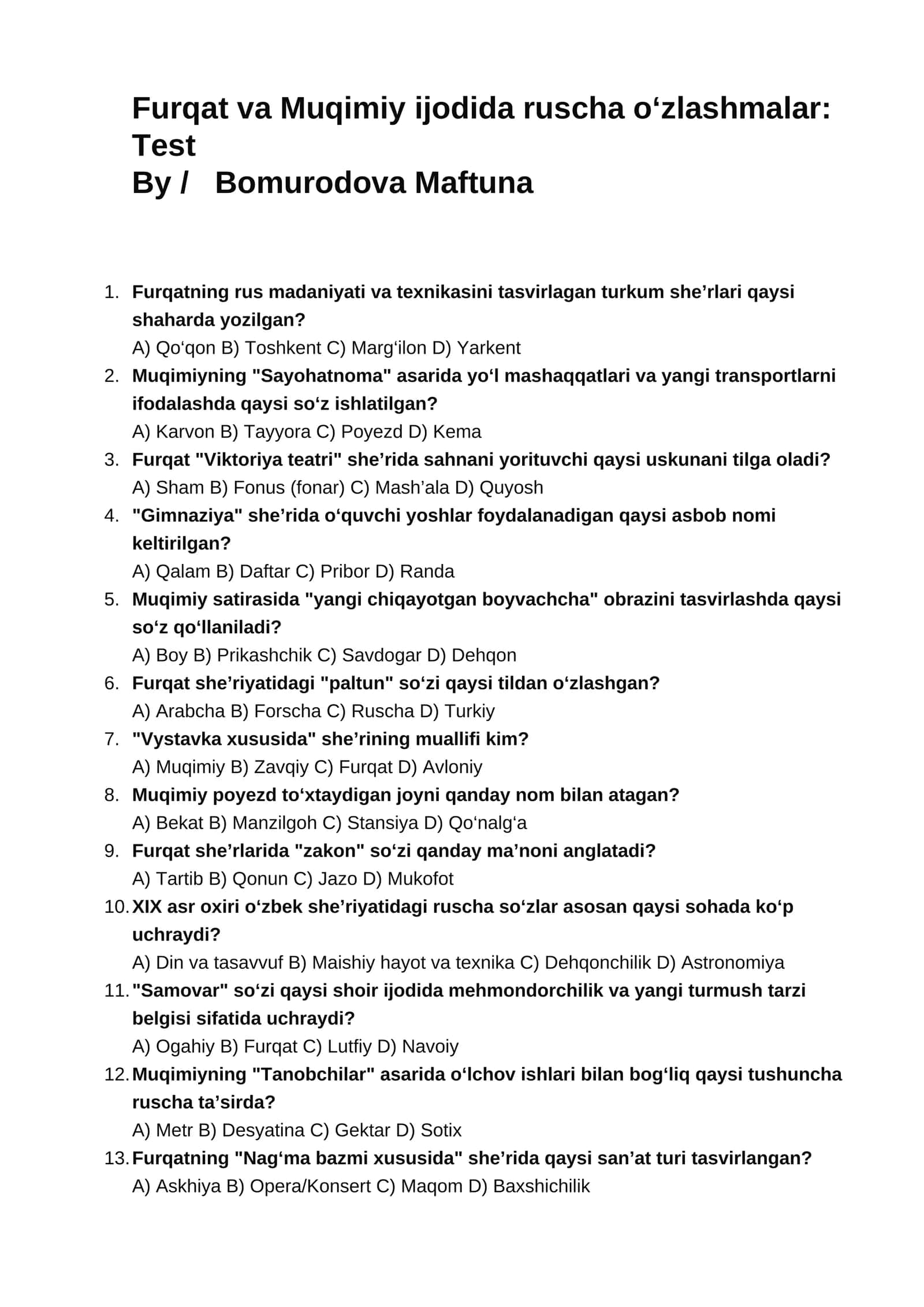 Furqat va Muqimiy ijodida ruscha o‘zlashmalar: Test