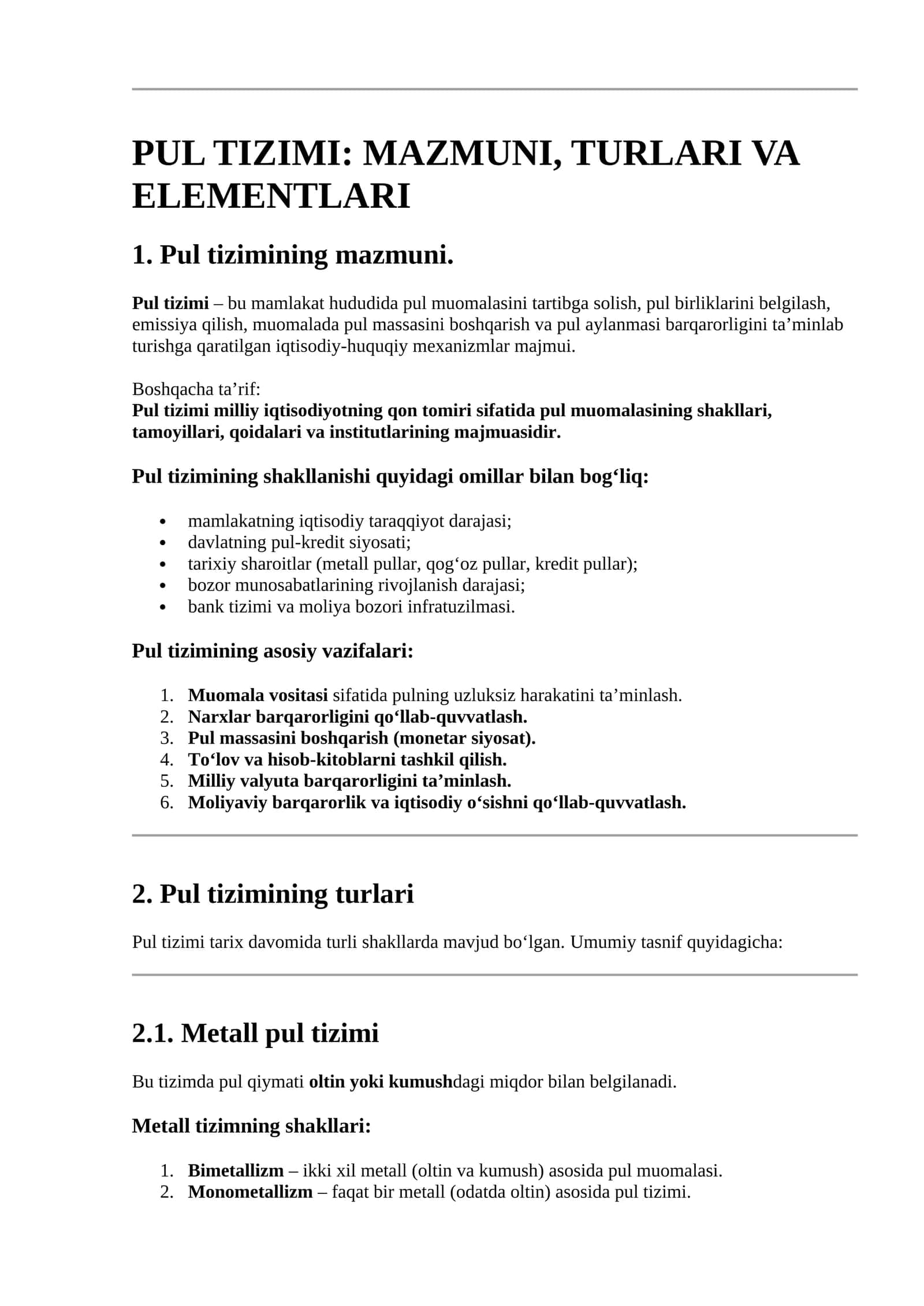 PUL TIZIMI: MAZMUNI, TURLARI VA ELEMENTLARI