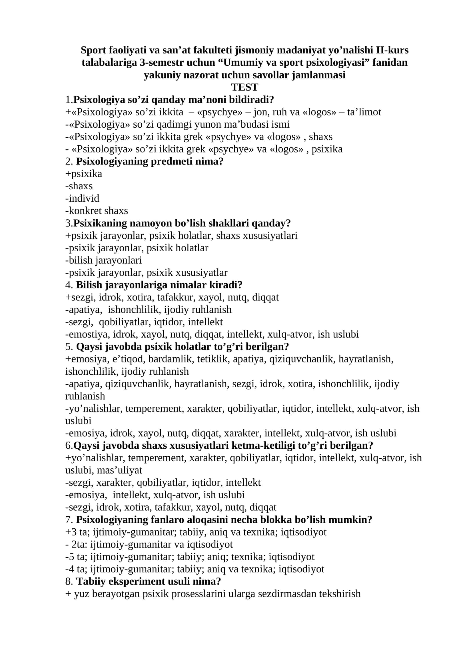 “Umumiy va sport psixologiyasi” fanidan yakuniy nazorat uchun savollar jamlanmasi