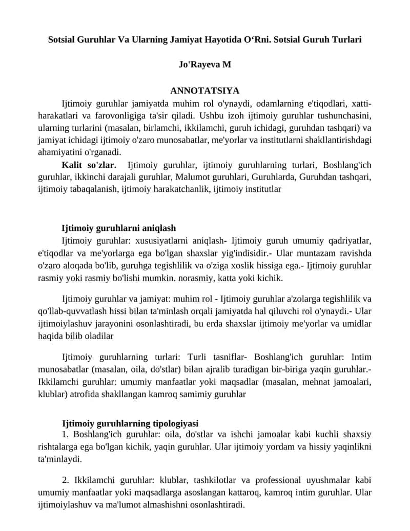 Sotsial Guruhlar Va Ularning Jamiyat Hayotida O‘Rni. Sotsial Guruh Turlari