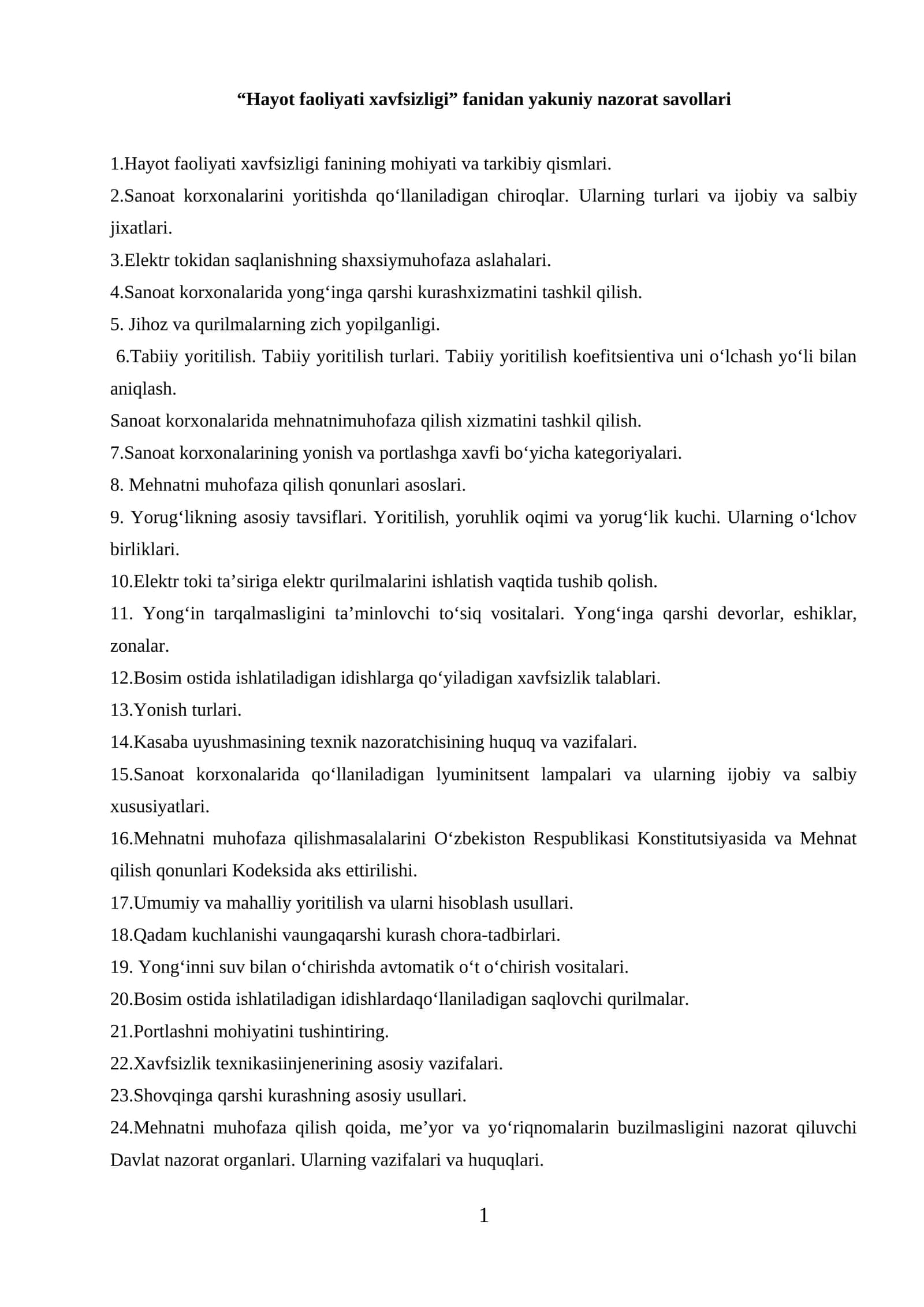 Hayot faoliyati xavfsizligi fanidan yakuniy nazorat savollari
