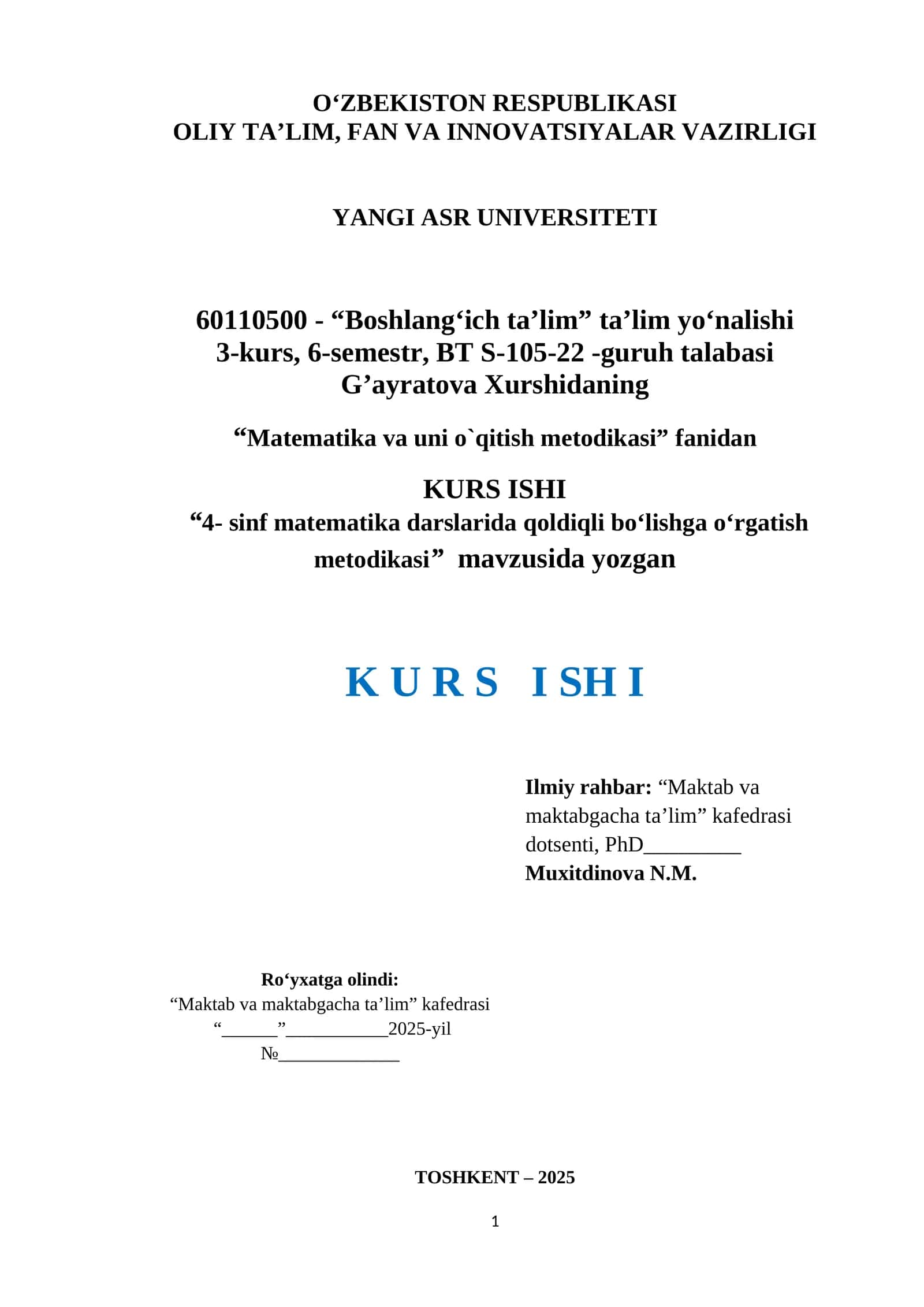 4- sinf matematika darslarida qoldiqli bo‘lishga o‘rgatish metodikasi