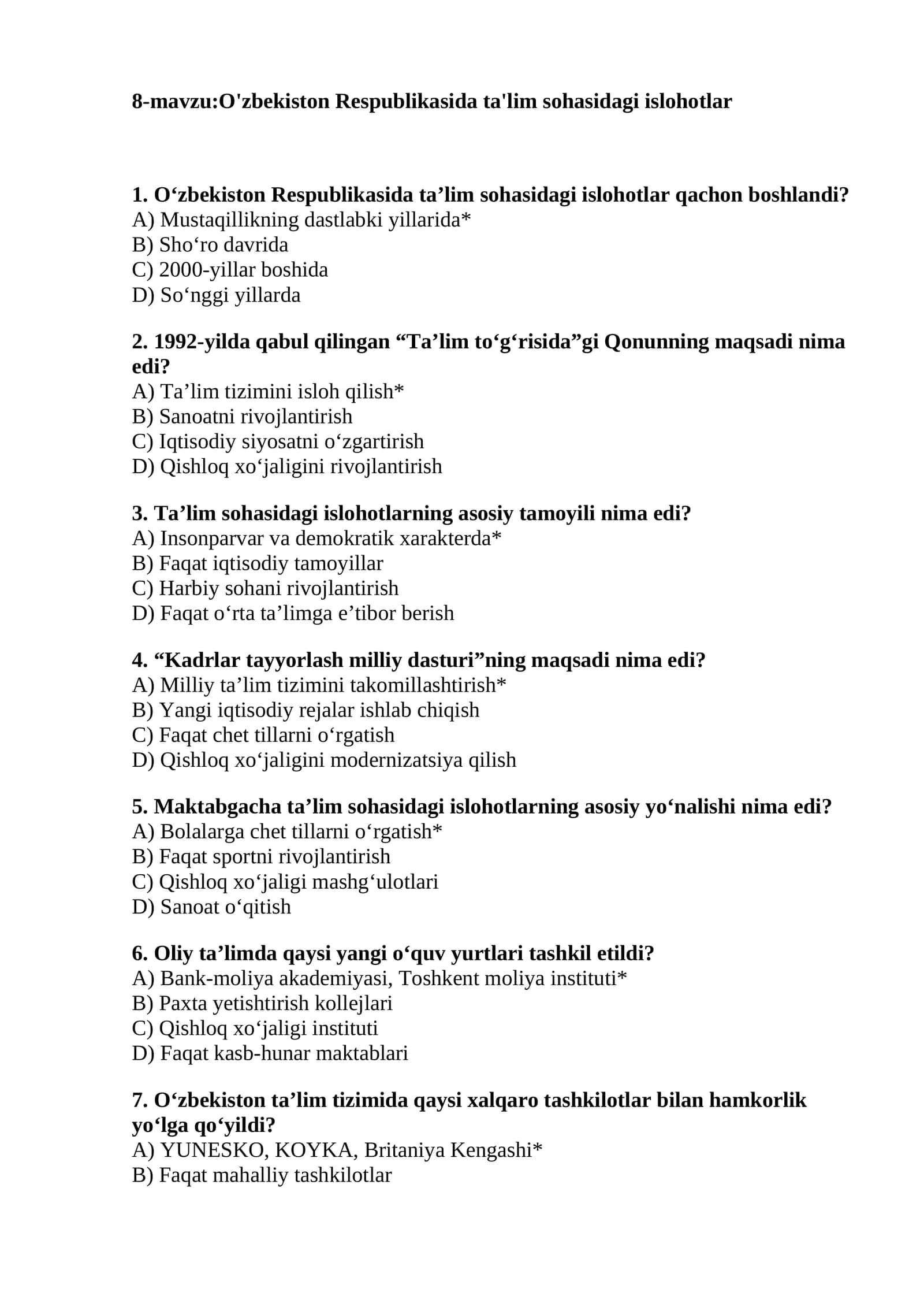 O'zbekiston Respublikasida ta'lim sohasidagi islohotlar