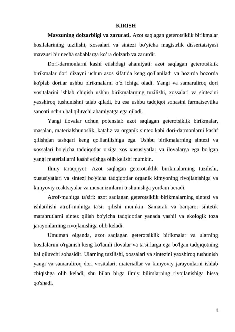 Azot saqlagan geterotsiklik birikmalar hosilalarining tuzilishi, xossalari va sintezi bo'yicha magistrlik dissertatsiyasi