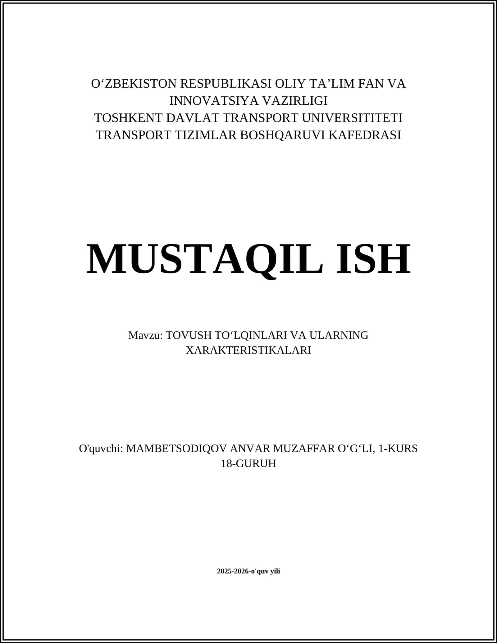 TOVUSH TOʻLQINLARI VA ULARNING XARAKTERISTIKALARI