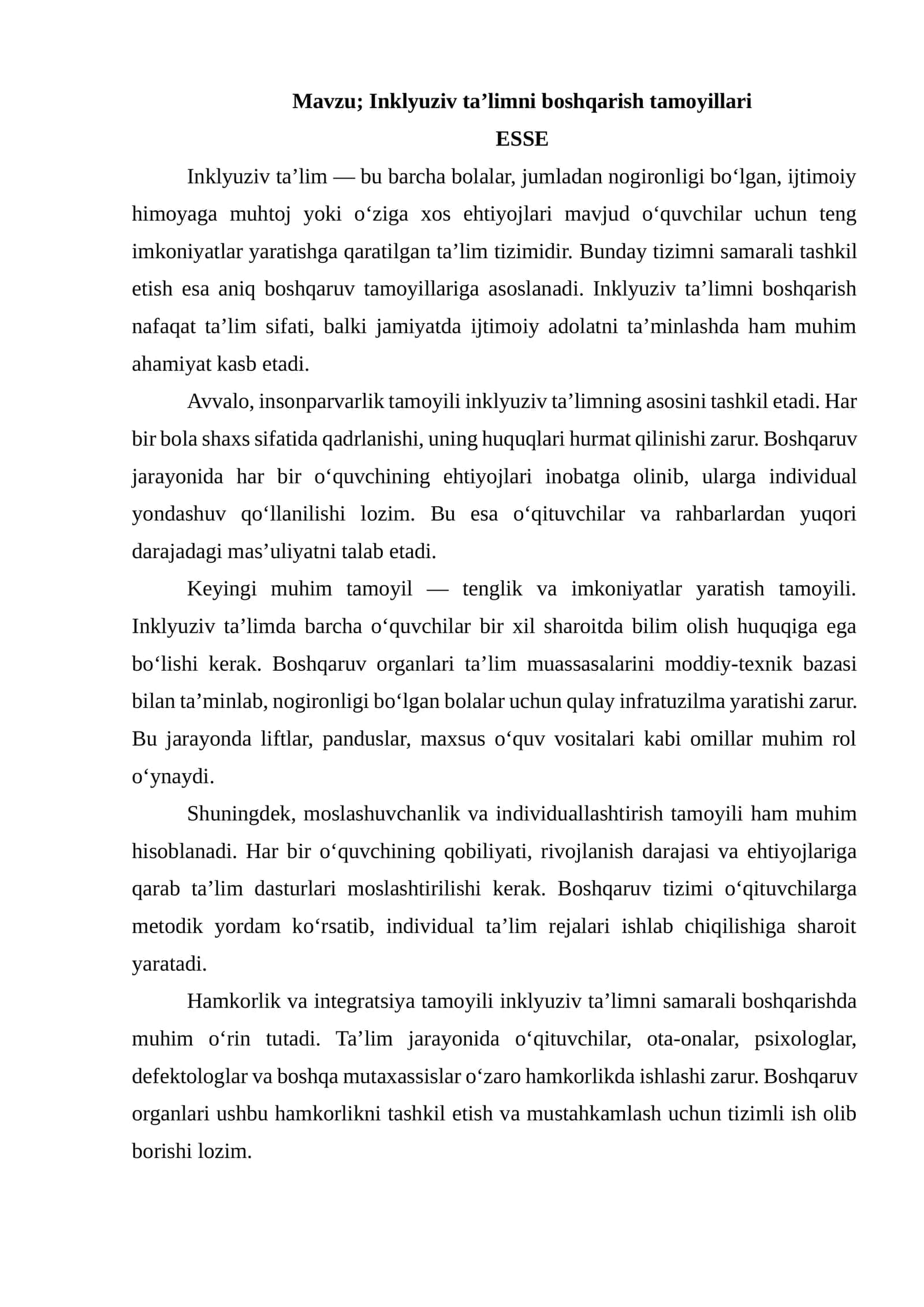 Inklyuziv ta’limni boshqarish tamoyillari