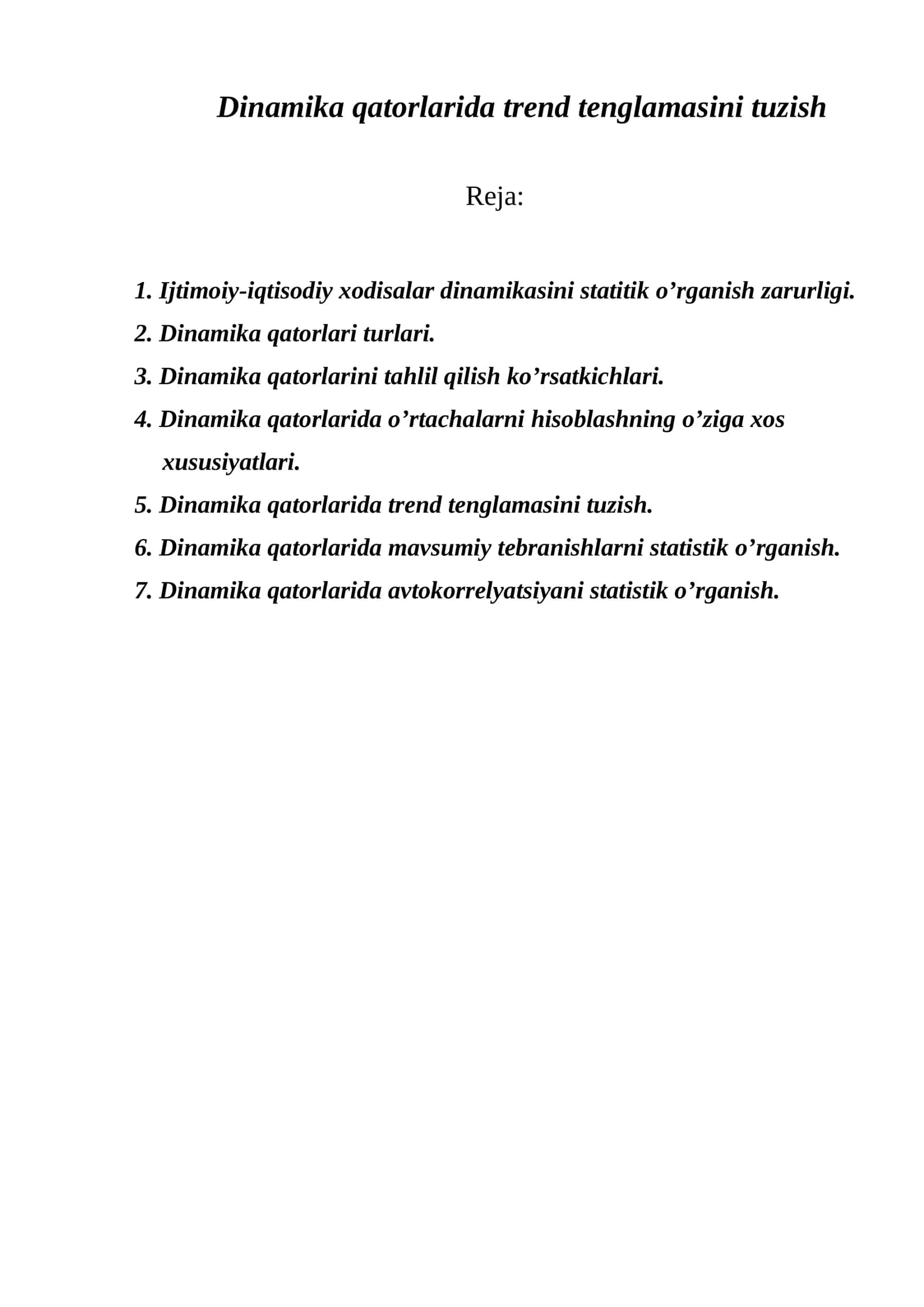 Dinamika qatorlarida trend tenglamasini tuzish