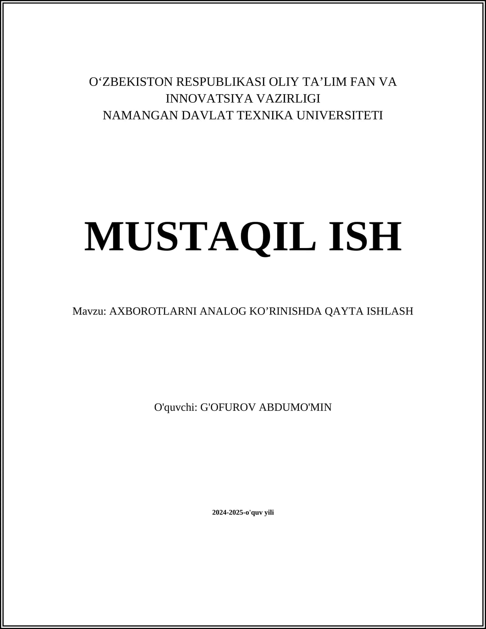 AXBOROTLARNI ANALOG KO’RINISHDA QAYTA ISHLASH
