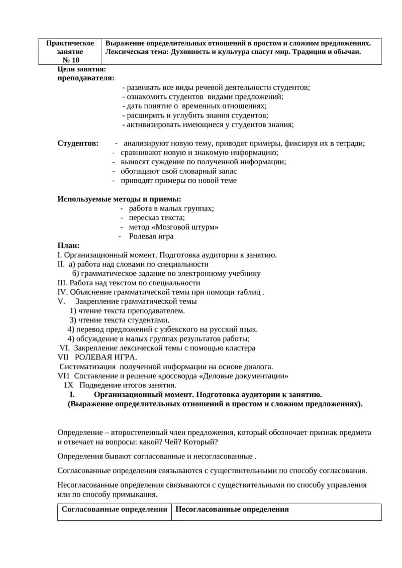 Практическое
занятие
№ 10
Выражение определительных отношений в простом и сложном предложениях.
Ле