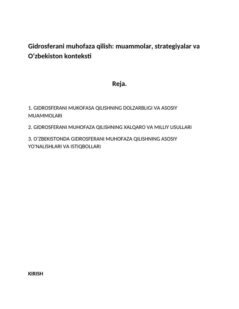 Gidrosferani muhofaza qilish: muammolar, strategiyalar va Oʻzbekiston konteksti