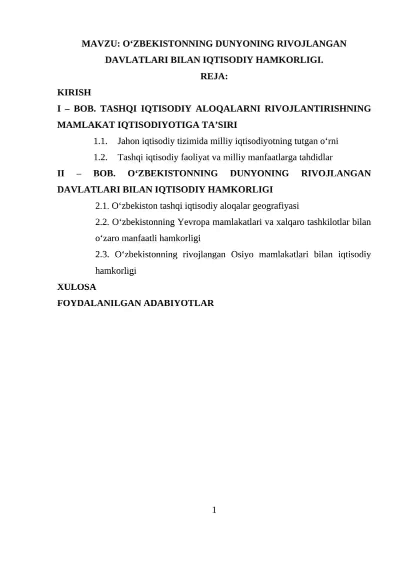 O‘ZBEKISTONNING DUNYONING RIVOJLANGAN DAVLATLARI BILAN IQTISODIY HAMKORLIGI
