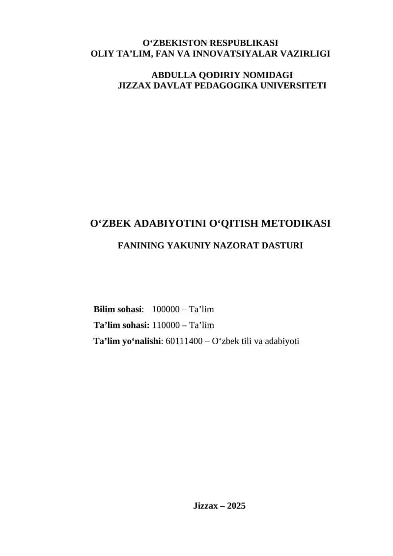 O‘zbek Adabiyotini O‘qitish Metodikasi