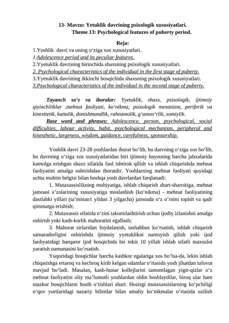 Yetuklik davrining psixologik xususiyatlari