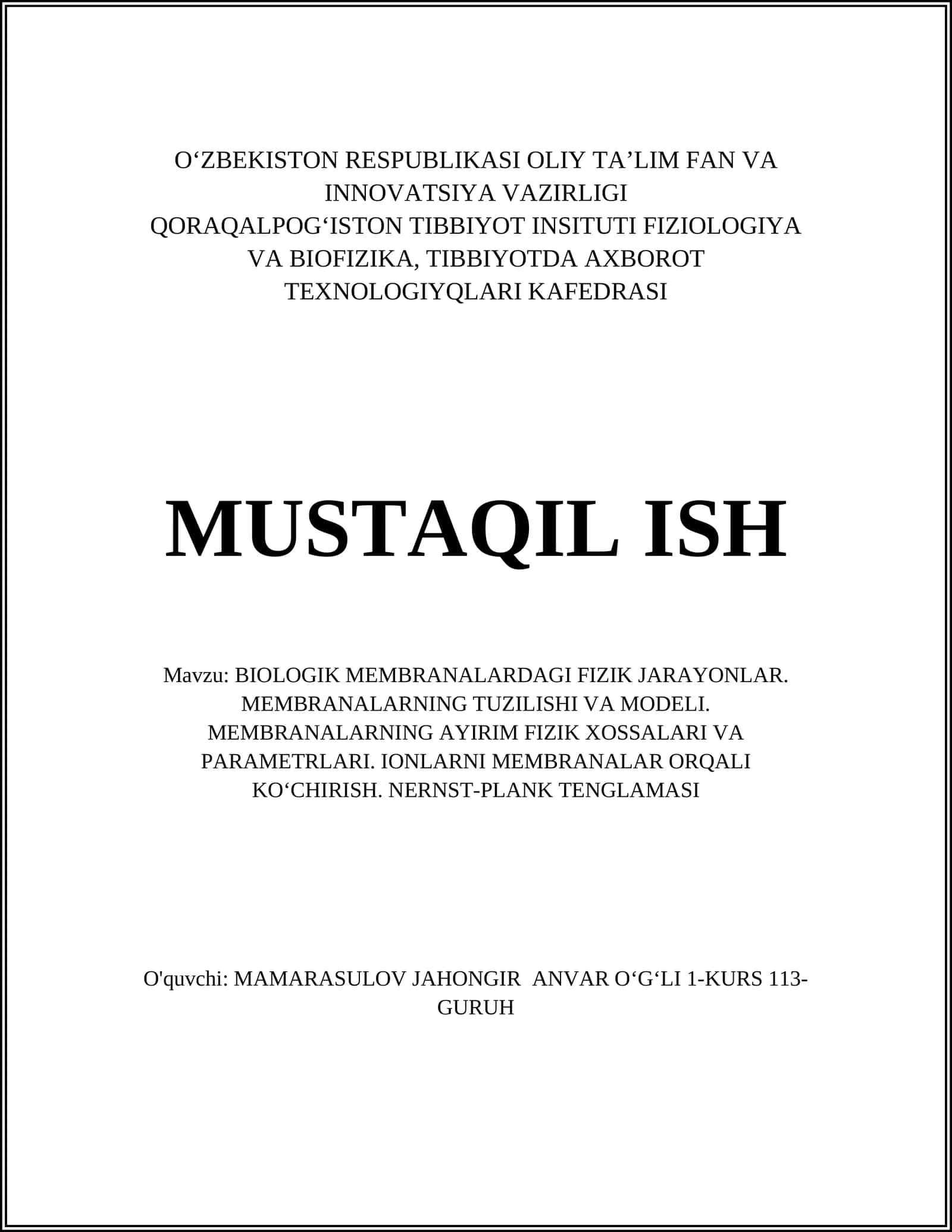BIOLOGIK MEMBRANALARDAGI FIZIK JARAYONLAR