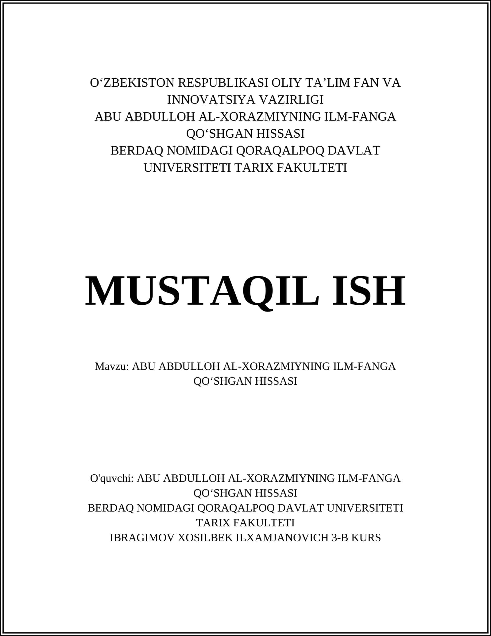 ABU ABDULLOH AL-XORAZMIYNING ILM-FANGA QOʻSHGAN HISSASI