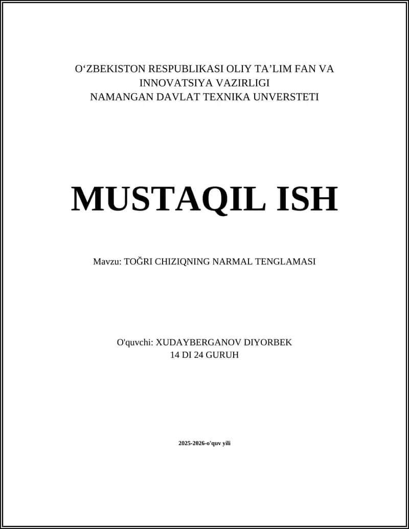 TOĞRI CHIZIQNING NARMAL TENGLAMASI