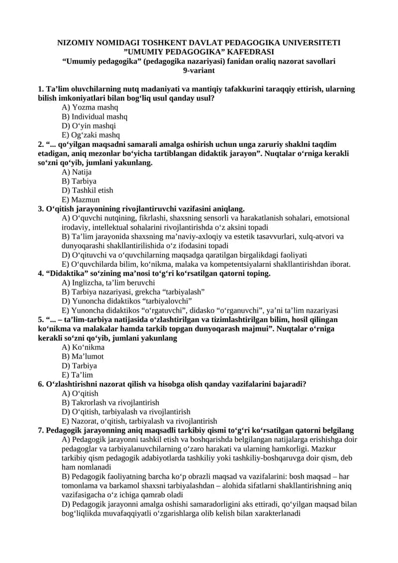 Umumiy pedagogika fanidan oraliq nazorat savollari