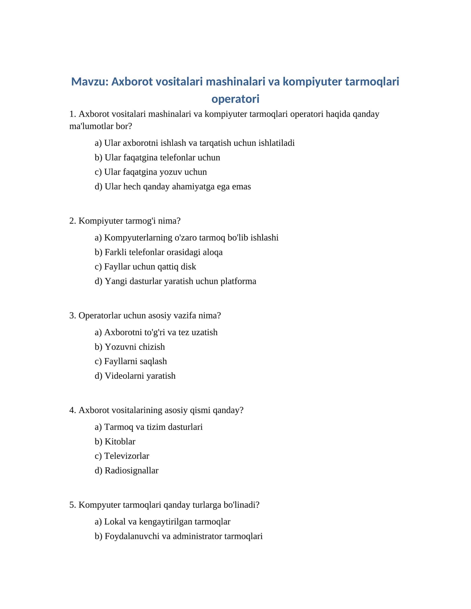Axborot vositalari mashinalari va kompiyuter tarmoqlari operatori