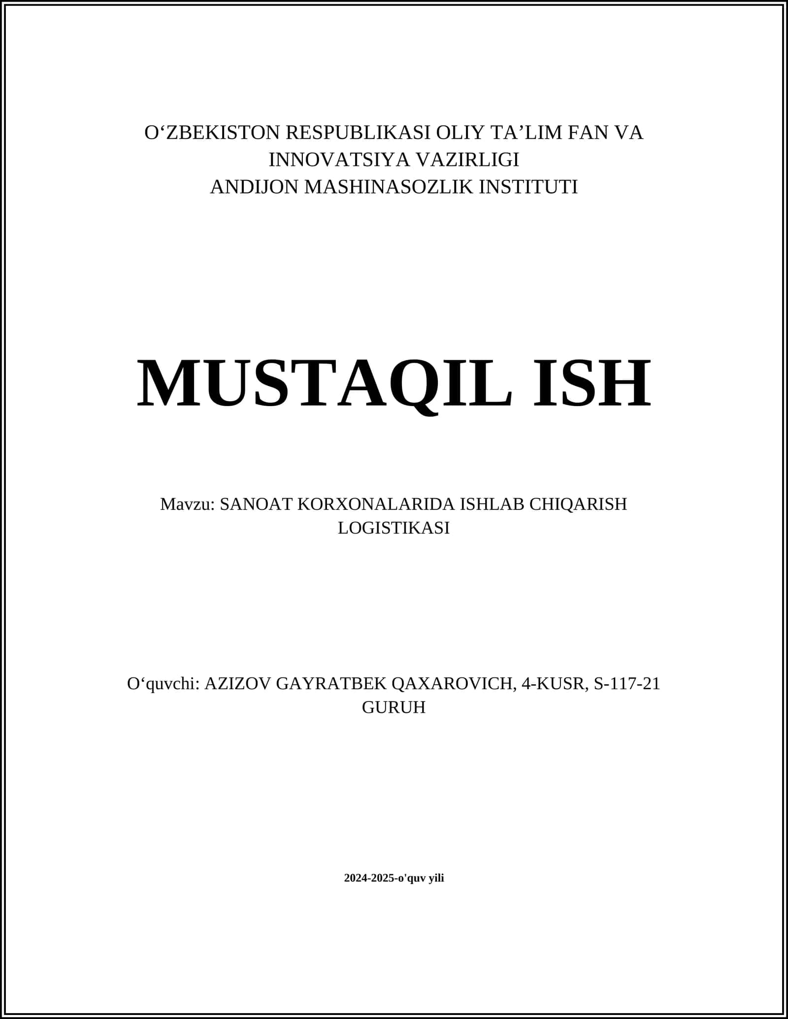 SANOAT KORXONALARIDA ISHLAB CHIQARISH LOGISTIKASI
