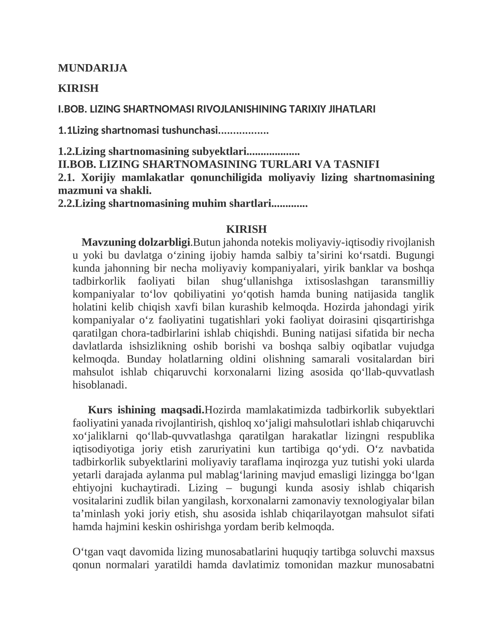 LIZING SHARTNOMASI RIVOJLANISHINING TARIXIY JIHATLARI