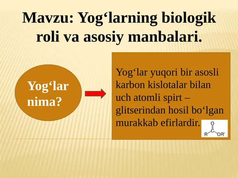 Yog‘larning biologik roli va asosiy manbalari.